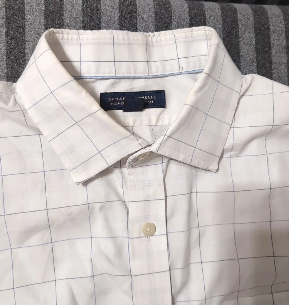 Banana Republic White Button-Up Shirt with Light Blue Windowpane L 16 16½ JAL